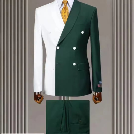 White Green Patchwork Design Men Suits Double Breasted Shawl Lapel Full Set Terno Prom Party Outfits 2 Piece Jacket Pants