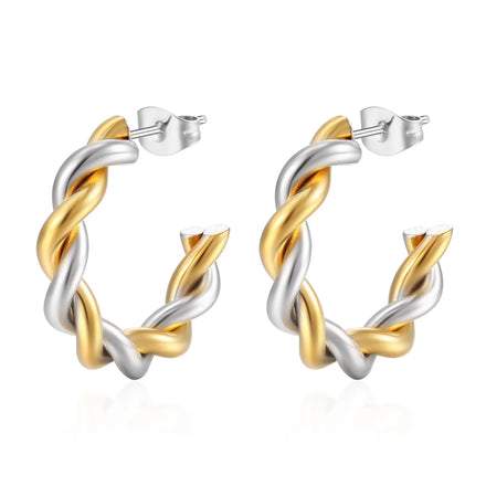 18K Gold Plated Fashion Stainless Steel Light C Ring Earrings Waterproof Twist Hoop Earrings Stylish Women's Anniversary