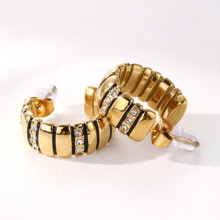 Custom 18k Stainless Steel Croissant Texture Sculpted Hoop Earrings Zirconia Embellishments C- Shape Hoops