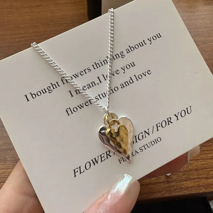 Real S925 Sterling Silver Gold Hammered Heart Shape Pendant Necklace Women Girl Fine Jewelry
