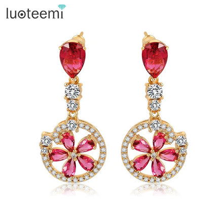 LUOTEEMI Pink Glass Crystal CZ Women Fashion Earrings Cute Girl Ruby Color Jewelry Drop Earrings