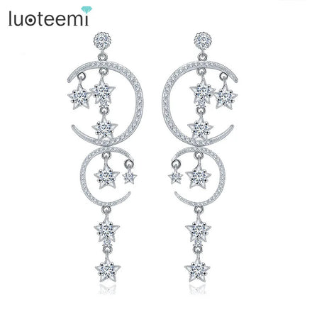 LUOTEEMI Cute Luxury Girl's Earrings Cubic Zirconia Moon and Star Jewelry Zircon Accessories for Women