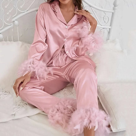 SFY-YH5035 2024 New Design Feather Silk Long Pajamas Set Women's V-Neck Pajamas Two-Piece Mature Wear Luxury Pajamas Set