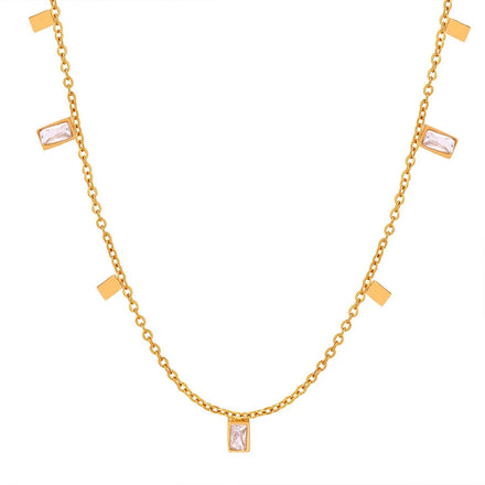 Women Personalized Elegant Jewelry 18k Gold Plated Stainless Steel Small Rectangle Shape Cubic Zircon Cz Pendant Necklace