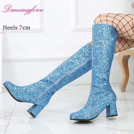 7cm 60s 70s Cosplay Costumes Western Style Knee-High Booties Chunky Heels Glitter Retro Gogo Boots Women