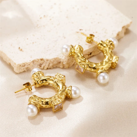 Trendy Pearl 18K Gold Plated Stainless Steel C Shape Earrings Jewelry for Women
