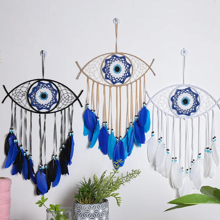Evil Eye Dream Catcher With Fairy Lights-Handmade Blue Feather Dream Catchers Ornament Home Decor Bedroom Blessing Craft Gift