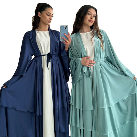 Elegant Luxury Satin 3-Layer Kaftan New Modest Open Abaya for Women Turkish Islamic Clothing 2pcs MOQ Inspired by Dubai Style