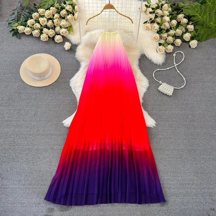 SML Summer Fashion Hanging Neck Open Back Loose A-line Dress Gradient Color Dress Beach Vacation Dress