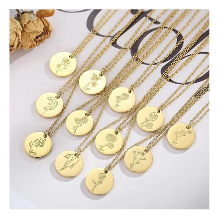18K Gold Plated Stainless Steel Waterproof Birthflower Minimalist Jewelry Fashion 12 Months Birth Flower Necklace for Women