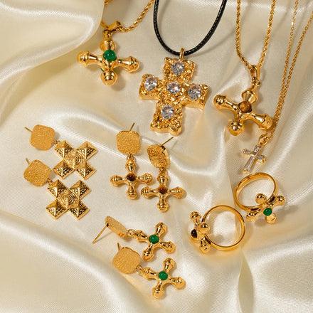Luxury New Punk 18k Gold Plated Stainless Steel Jewelry Fashion Cross Shape Crystal Bracelet Necklace and Earrings Set for Women