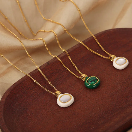 Chic Stainless Steel Gold Plated Enamel Necklace Natural Stone Malachite Shell Square Pendant Necklace Colier Pour Femme