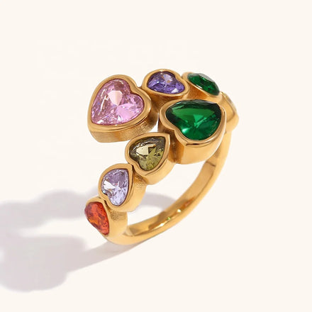 Dingran Summer Colorful Heart Zircon Open Design Rings Waterproof Gold Plated Stainless Steel Jewelry