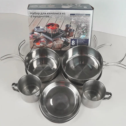 Chenfan Stainless Steel Camping Pot Mess Outdoor Tableware 8 Pcs in One Set Cookware Set Stainless Steel Cup Bowl Portable Sets