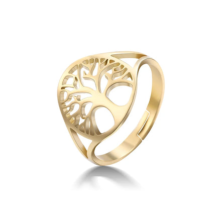 Hollow Tree Ring Adjustable Finger Rings Amulet Stainless Steel Jewelry Anniversary Gifts for Women Men