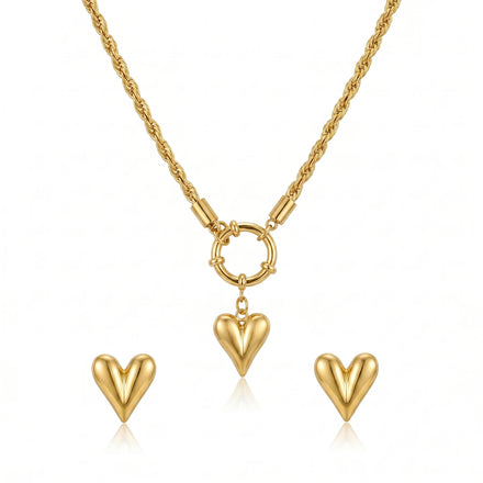 QIAOREN 11589 Waterproof 18K Gold Plated Stainless Steel Heart Jewelry Set Rope Chain Necklace Earrings Daily Wear