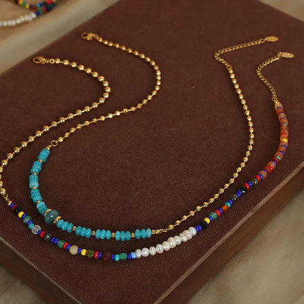 Non Tarnish 18k Gold Plated Stainless Steel Beads Necklace Colorful Beaded Natural Stone Freshwater Pearl Necklace for Women