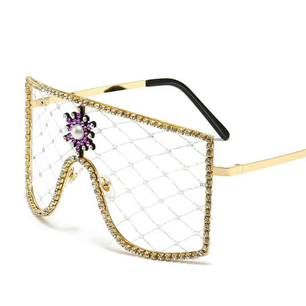 Rhinestones BIG Sunglasses Women Vintage Sparkling Crystal Diamond Sun Glasses Model Bling Veil Yarn No Lens Eyewear