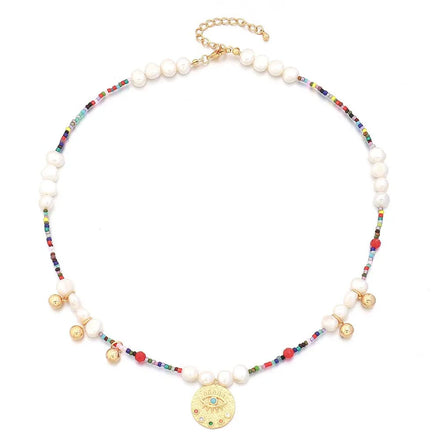 Real Gold Plated Bohemian Natural Stone Freshwater Pearl Pendant Beaded Eye Necklace Women
