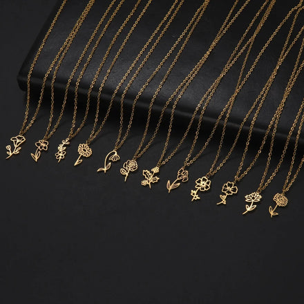 Birth Month Flower Necklace Snowdrop Daisy Rose Pendant Neck Chain Trendy Stainless Steel Jewelry Birthday Gift for Women Girls