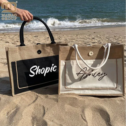 Printed Large Jute Beach Bag Natural Eco Friendly Burlap Tote Bags Jute Gift Shopping Handbag Beach Jute Bags Wholesale