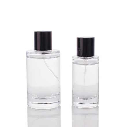 30ml 50ml 100ml Crimp Glass Spray Bottle with Black Sprayer Cap Luxury Empty clear Round Cylinder Thick Bottom Perfume Bottle