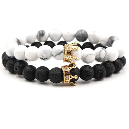 Unisex Micro Inlaid Zircon Crown Bracelet White Turquoise Volcanic Agate Elastic Buddha Beads Fashionable Jewelry Bangle Gift