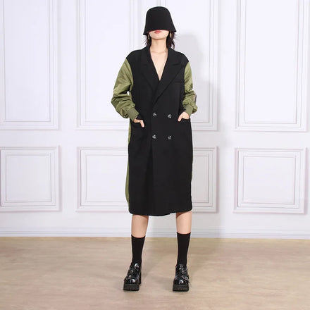 2024 Spring Retro Blazer for Women New Contrast Color Splicing Design Loose Slim Long Windbreaker Jacket Solid Collar Clothing