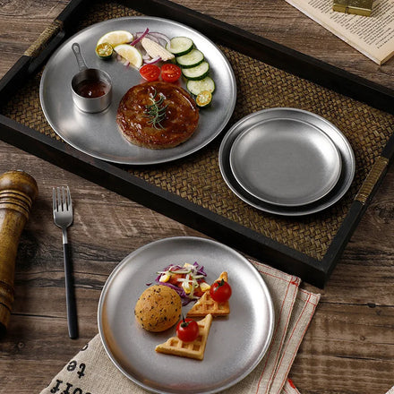Retro Stainless Steel Plate for Barbecue Dish Hot Pot Beef Sushi Tray with Plant Pattern for Camping MOQ 10 Pcs