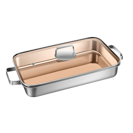 Thicken 316 Stainless Steel Rectangle Frying Pan Fish Pan 38cm With Glass Lid for Gas Stove and Induction Cooker