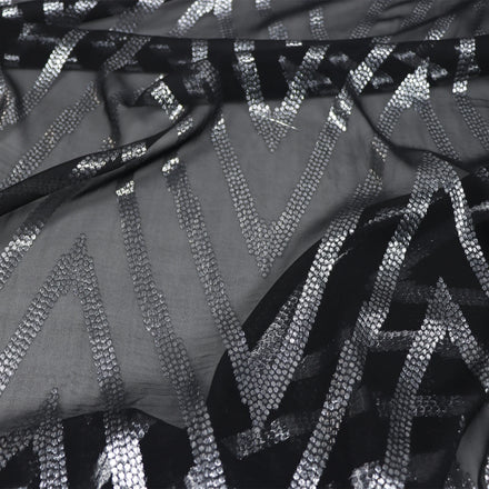 Western Country Shiny Trendy Amazing Silk Metallic Fabric Lurex Silver V Black Base Wonderful for Skirt Pants Shirt