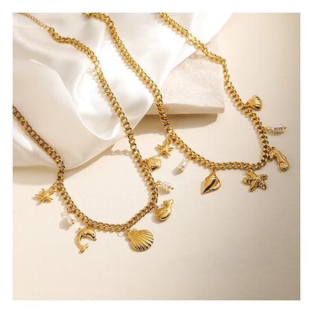 Wholesale Bulk Minimalist Stainless Steel Gold Plated Starfish Shell Pearl Charms Waterproof Jewelry Necklaces Fashion Chains