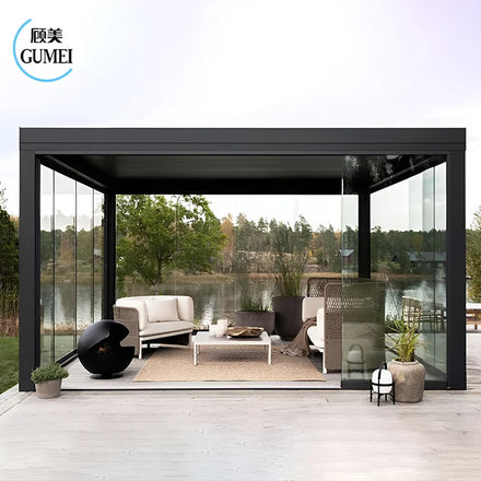 Motorized Design Customized Bioclimatic Pergola Remote Control Sunshade Aluminium Garden Pavilion Pergola With Led Light