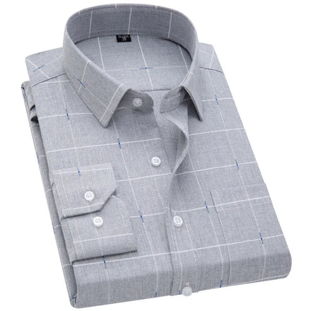 New Men's Long-Sleeved Plaid Dress Shirt Anti-Wrinkle Knitted Business Casual Clothing for Middle-Aged and Elderly