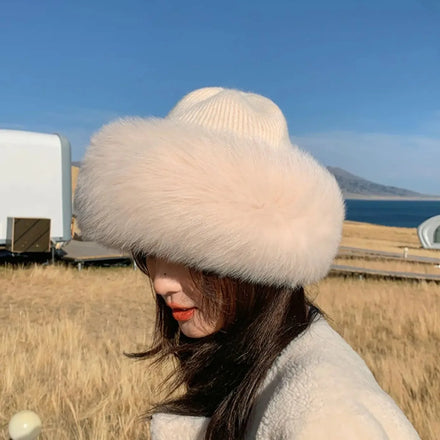 MWFur Real Fox Fur Beanie Hats for Women Winter Warm Fluffy Cap Outdoor Thick Natural Fox Fur Hat Female Dome Hats