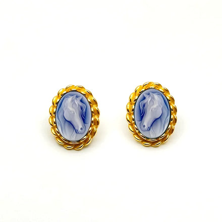 Heizun Retro 18k Gold Plated Bezel Setting Oval Shape Blue Stone Agate Cameo 925 Sterling Silver Stud Earrings for Female