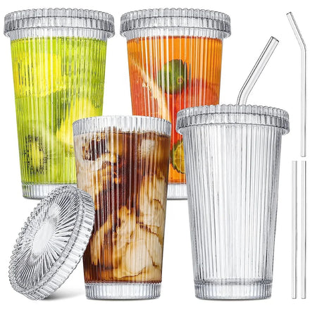Vertical Striped Iced Coffee Cup 12oz Ribbed Highball Glasses with Lids and Straws
