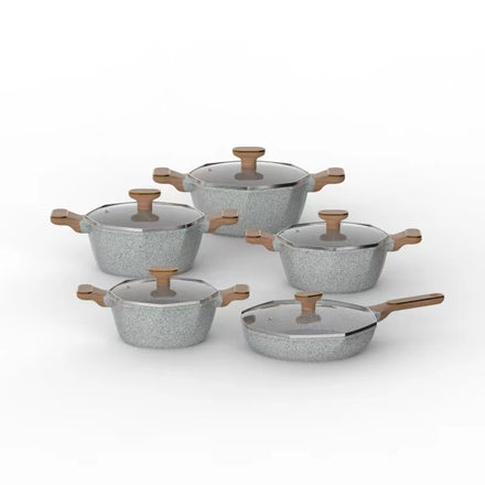 Outdoor Aluminum Cookware Set 10-Piece Marble Coated with Wooden Handles Gas Stove Compatible Includes 4 Stockpots 1 Frying Pan