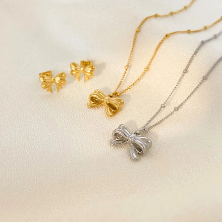 Bow Shaped Small Titanium Steel Necklace Bracelet Joyas De Acero Inoxidable Escaping Princess Bow 18k Gold Earrings No Fading