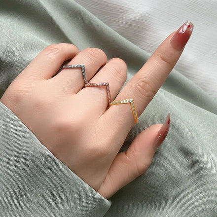 V Shape18K Plated Gold Individuality Dainty Zircon Half Pave Arrow Rings Stainless Steel Trendy Simple Geometry Personality