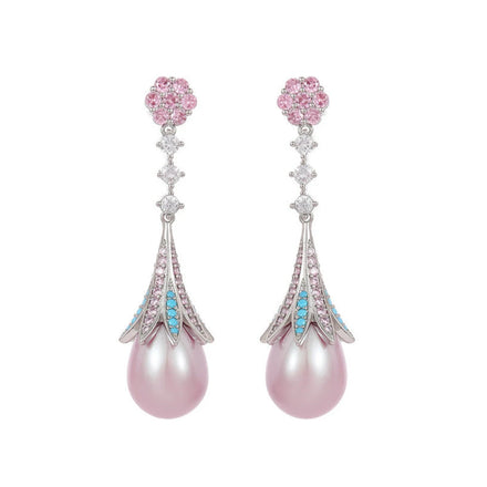 French Vintage Elegant Temperament Palace Style Earrings Light Luxury Long Decorative Droplet Imitation Pink Pearl Earrings