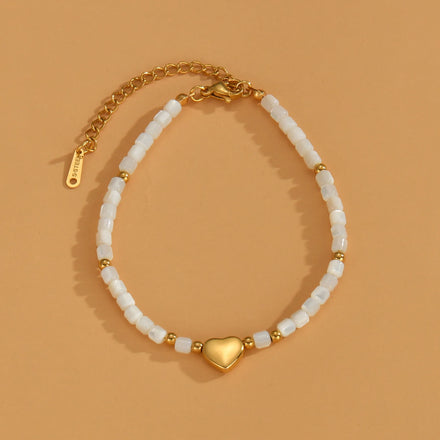 INS Style Handmade Stainless Steel 18k Gold Plated Stone Beaded Bracelet Heart Pendant Design Chain Bracelet
