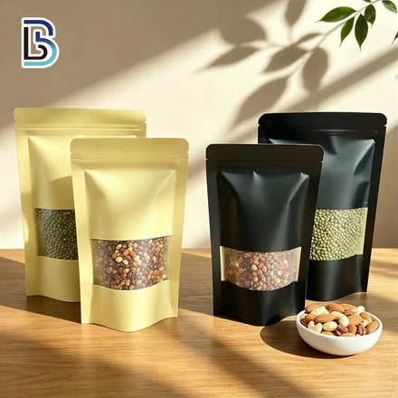 Lebei Packing Food Grade Reusable Kraft Paper Stand up Pouch With Window Zipper Food Nuts Packaging Bag
