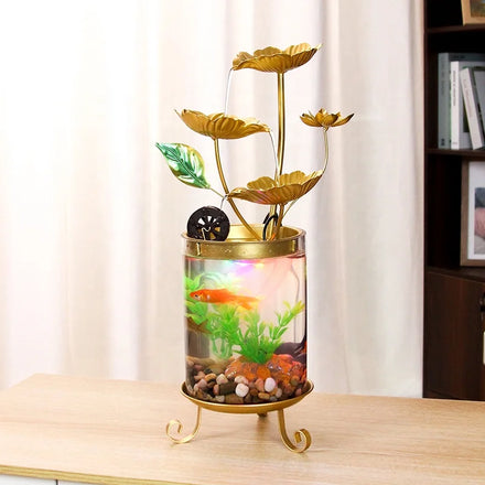 Zen Relax Gift Indoor Lotus Leaf Relaxation Golden Water Fountains With Fish Tank Tabletop Waterfall Fountain Decoration