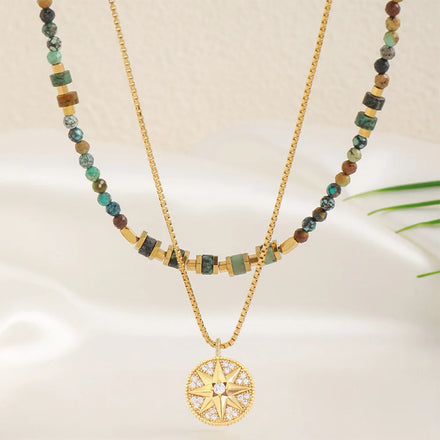 Bohemian Turquoise Natural Stone Chakra Zircon Star Pendant 18k Gold Plated Necklace for Women