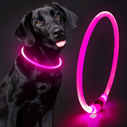 USB Safety LED TPU Silicone Waterproof Pet Dog Collar with Plaid Pattern Orange & Pink Ribbons for All Seasons