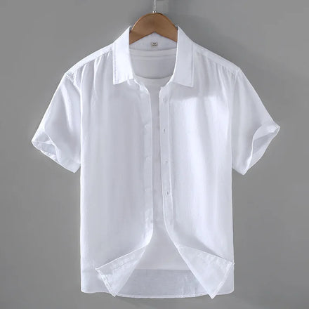 RNSHANGER Cotton Linen Hot Sale Men's Short-Sleeved Shirts Summer Streetwear Plain Color Stand Collar Casual Beach Style Shirts
