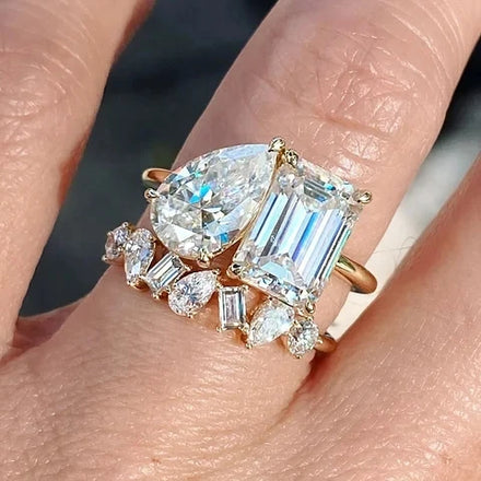 CAOSHI Manufacturer Price Waterdrop Rectangle Cubic Zircon Set Rings for Women Gold Color New Wedding Bridal CZ Ring Sets