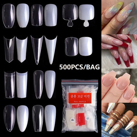 500pcs/bag French Various Sharpe Nail Art Tips Square Coffin Almond C Curved ABS Fake Nails Press on False Nails Manicure Tools
