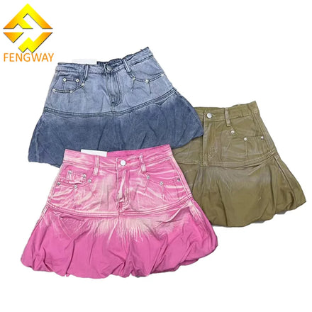 Fashion Gradient Denim Short Skirt Women's A-Line Jean Skirt Ruffles Pleated Denim Skirt for Ladies